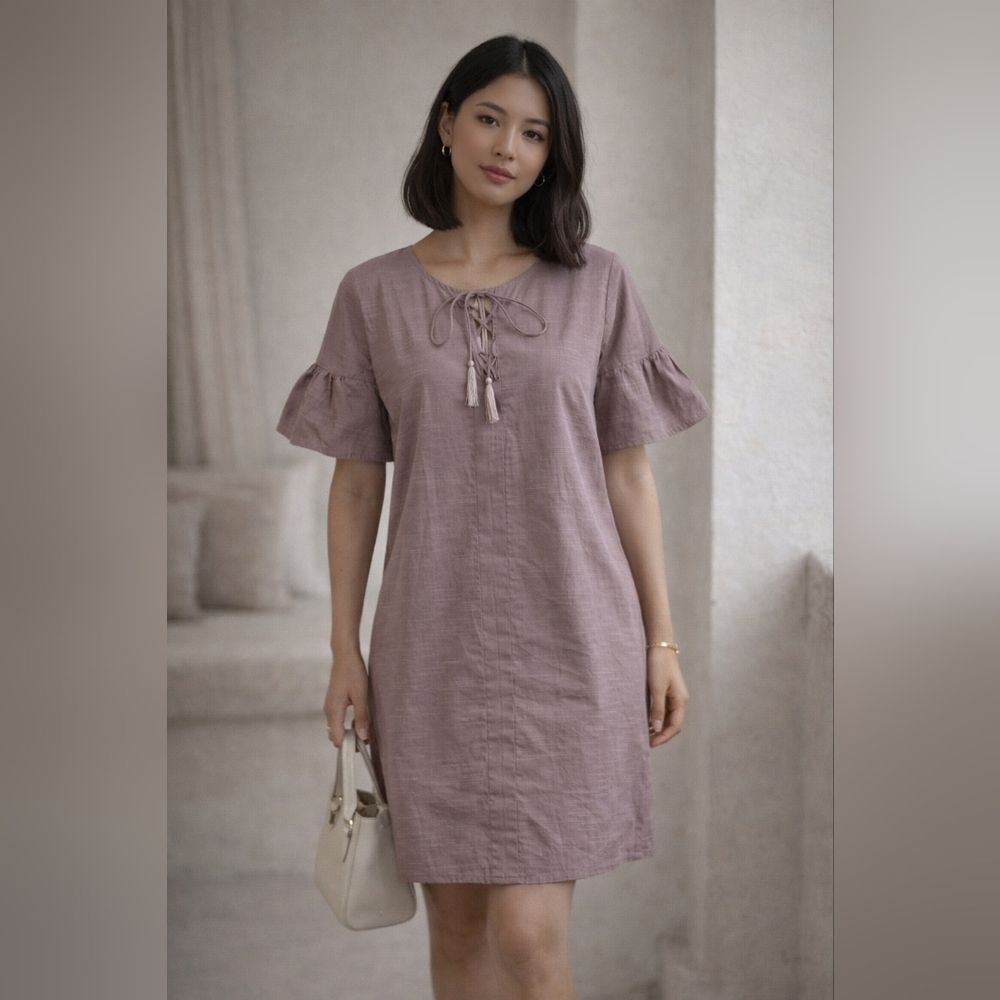 Talori Shift Mauve Off White Pin Stripe Lace Up Tassel Front Flare Dress Size L